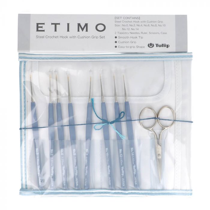 Tulip Etimo Crochet Hook Set Cushion Handle Hooks in a Soft Grey, the  Needle/hook Part is Gold. the Set Contains 8 Cushion Grip Hooks 