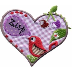 Iron-on patches heart with bird purple check pattern - 5pcs